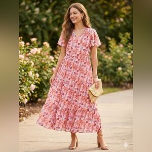 Lane Bryant Floral Tiered Ruffle Sleeve Maxi Dress - Pink/Yellow - Size 18/20